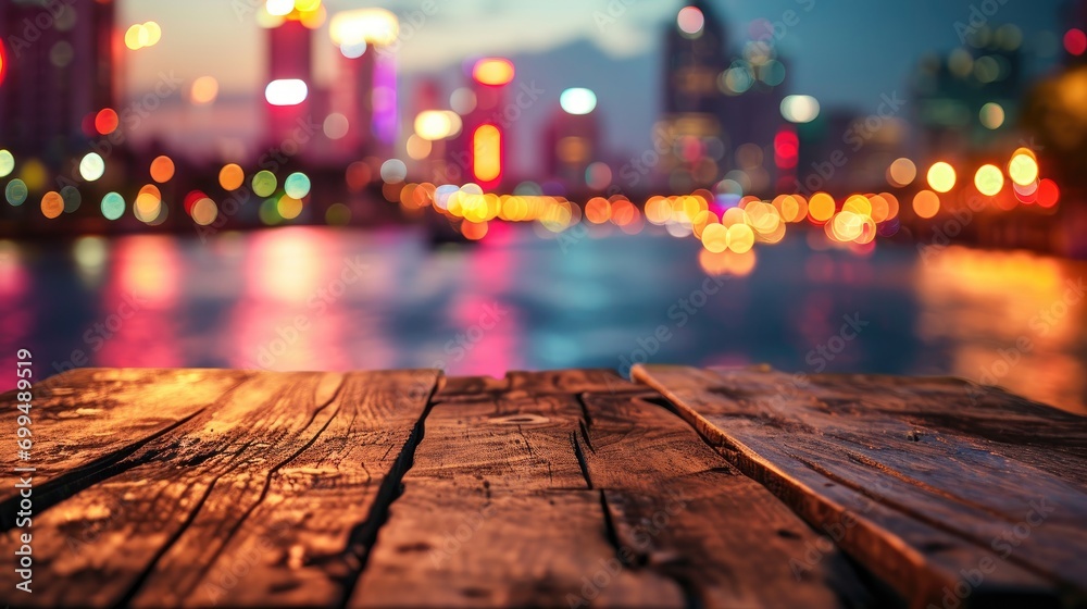 Blank wood tabletop with blurred night city skyline and river, showcase, nightlife, Blank wood tabletop with blurred night city skyline and river, showcase, nightlife,