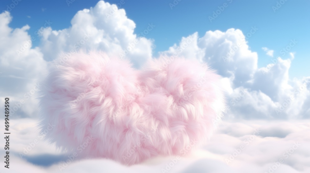 Fototapeta premium Fluffy plush heart background. Heart shape furry soft pillow or cushion illustration for web, card, poster, print, wallpaper. Valentine's day, love concept.