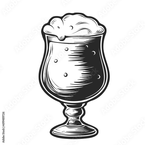 vector hand drawn beer glass full of wheat beer with foam engraved illustration. Vintage etched beer mug or tankard with dropping froth isolated on white background. Alcoholic beverage in glassware.
