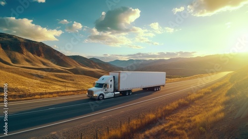 A white cargo truck with a white blank empty trailer for ad on a highway road in the united states. beautiful nature mountains and sky. golden hour sunset. driving in motion