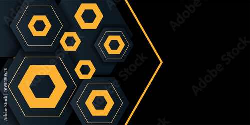 Abstract black premium background with golden geometric hexagones elements and lighting effect luxury style. Vector illustration MODERN HEXAGON photo