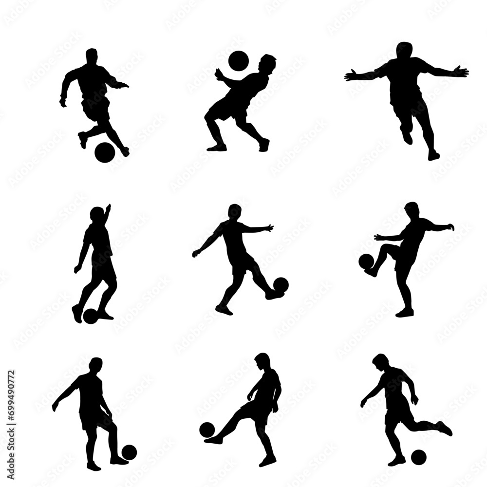 Silhouette collection of male soccer player kicking a ball. Silhouette group of football player in action pose.