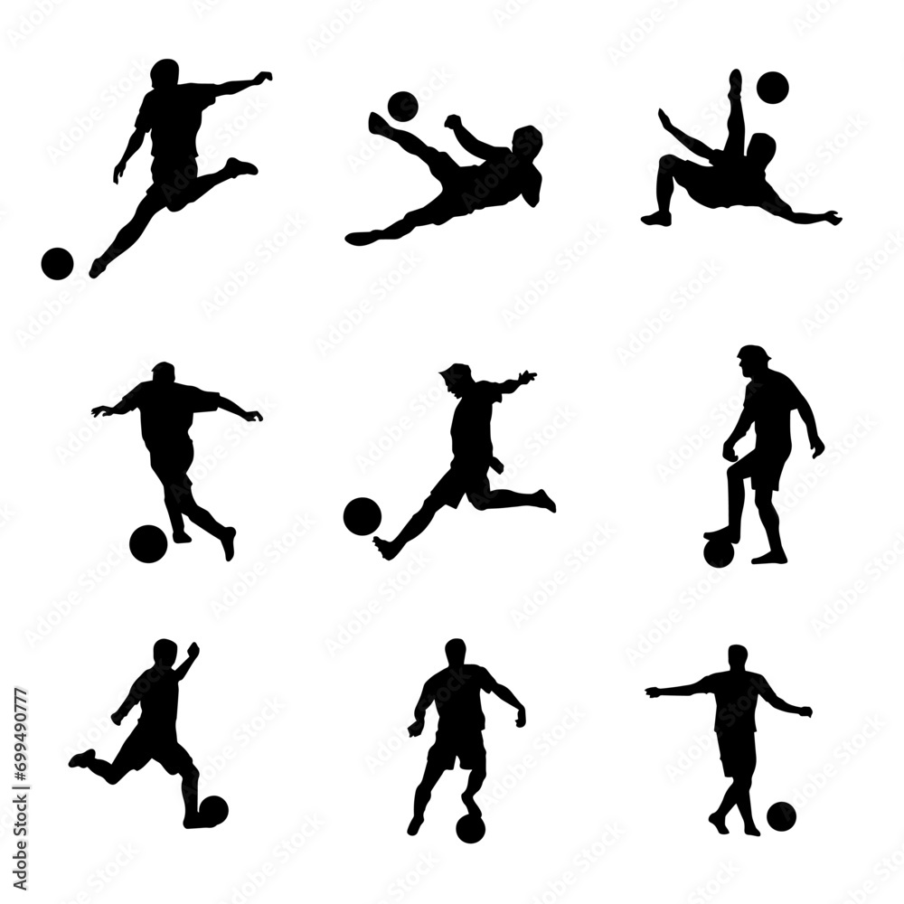 Silhouette collection of male soccer player kicking a ball. Silhouette group of football player in action pose. Silhouette collection of male soccer player kicking a ball. Silhouette group of football player in action pose.
