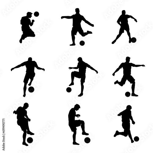 Silhouette collection of male soccer player kicking a ball. Silhouette group of football player in action pose.