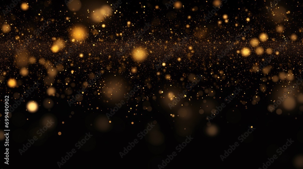 Abstract golden particles and sprinkles powder line explosion for holiday celebration like christmas. shiny gold lights. wallpaper black background for ads or gifts wrap and web design