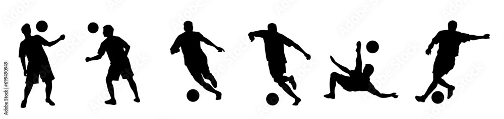 Silhouette collection of male soccer player kicking a ball. Silhouette group of football player in action pose.