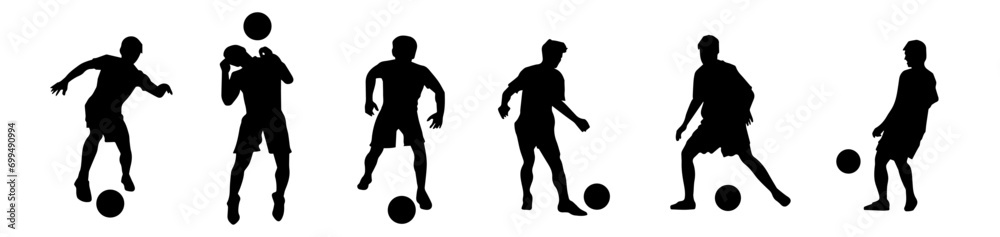 Silhouette collection of male soccer player kicking a ball. Silhouette group of football player in action pose. Silhouette collection of male soccer player kicking a ball. Silhouette group of football player in action pose.