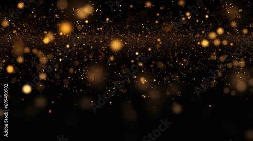 Abstract golden particles and sprinkles powder line explosion for holiday celebration like christmas. shiny gold lights. wallpaper black background for ads or gifts wrap and web design