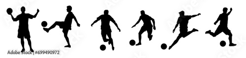 Silhouette collection of male soccer player kicking a ball. Silhouette group of football player in action pose.