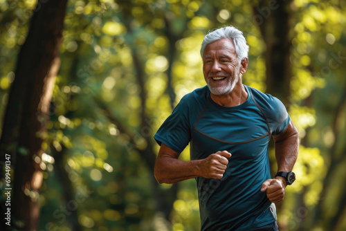 Happy Senior man running in a park for health, wellness and outdoor exercise. Nature, sports and male athlete runner doing cardio workout in garden. Healthy Concept. photo