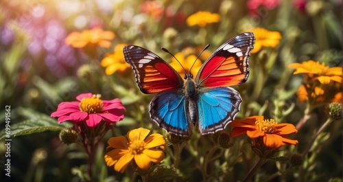 A vibrant rainbow-colored butterfly perched on a bed of wildflowers  bringing a burst of color to a sunlit meadow. hyper-realistic  lifelike  ultra-detailed  Wide-angle lens -Generative Ai