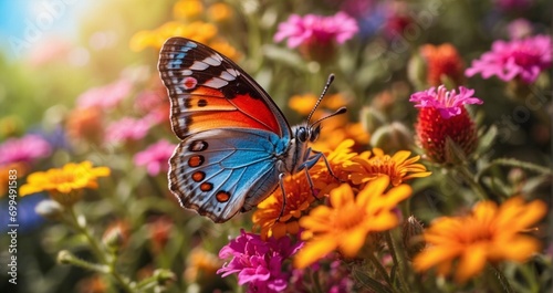 A vibrant rainbow-colored butterfly perched on a bed of wildflowers, bringing a burst of color to a sunlit meadow. hyper-realistic, lifelike, ultra-detailed, Wide-angle lens -Generative Ai © Online Jack Oliver