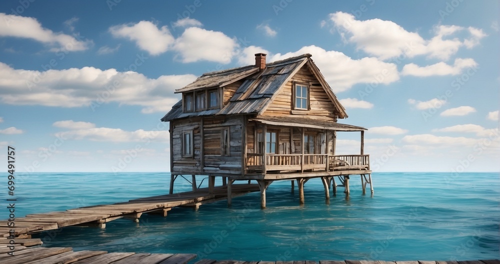 A weathered wooden home standing against the azure expanse of the open sea hyper-realistic, lifelike, ultra-detailed, Wide-angle lens -Generative Ai A weathered wooden home standing against the azure expanse of the open sea hyper-realistic, lifelike, ultra-detailed, Wide-angle lens -Generative Ai