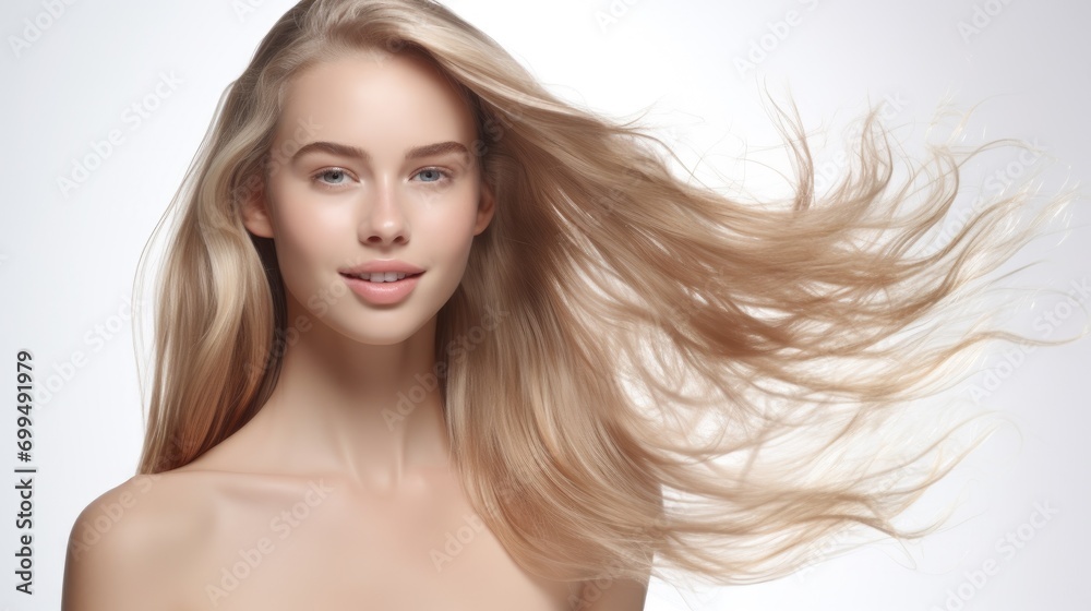 Closeup photo portrait of a beautiful young female model woman shaking her beautiful blonde hair in motion. ad for shampoo conditioner hair products. isolated on white background Closeup photo portrait of a beautiful young female model woman shaking her beautiful blonde hair in motion. ad for shampoo conditioner hair products. isolated on white background