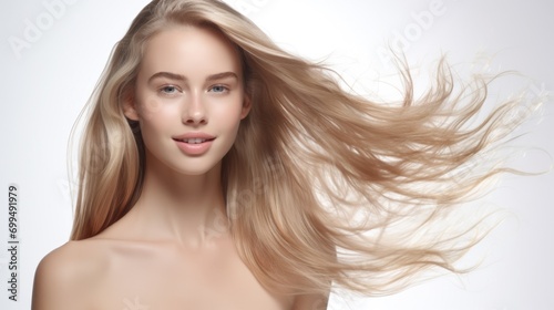 Closeup photo portrait of a beautiful young female model woman shaking her beautiful blonde hair in motion. ad for shampoo conditioner hair products. isolated on white background