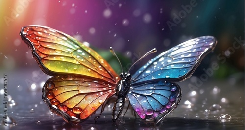 Glistening dewdrops on the wings of a rainbow butterfly after a light rain hyper-realistic, lifelike, ultra-detailed -Generative Ai