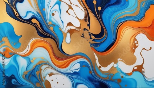 Luxury Abstract Art: Marble Ink Painting in Blue, Orange, and Gold