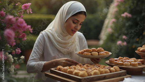 Young muslim woman with trays of traditional muslim pastries at the garden. Holy month of Ramadan, iftar meal.