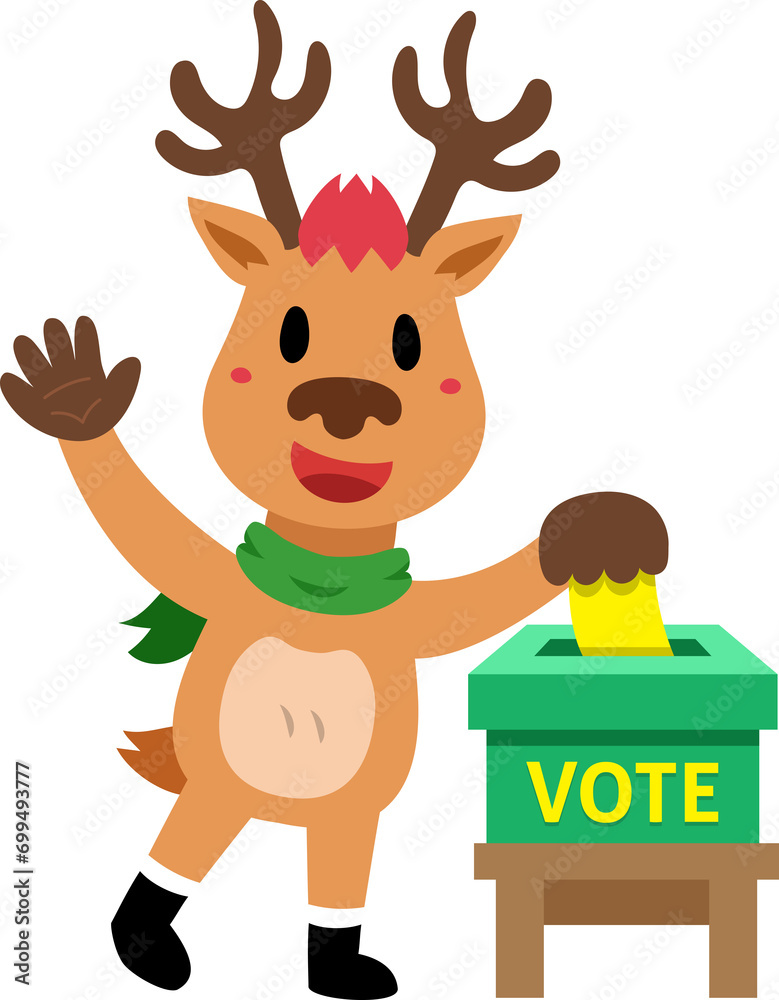 Fototapeta premium Cartoon christmas reindeer voting paper in the ballot box for design.