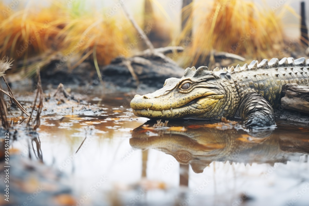 Fototapeta premium crocodile eyeing prey from a distance, camouflaged by swamp