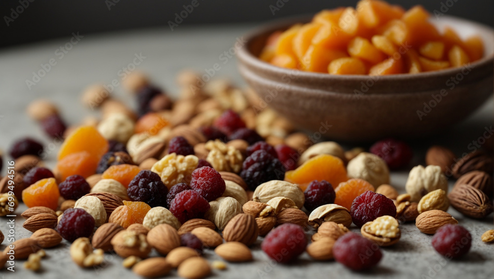 Dried fruits and nuts on a ceramic table. generative AI Dried fruits and nuts on a ceramic table. generative AI