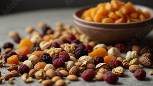 Dried fruits and nuts on a ceramic table. generative AI