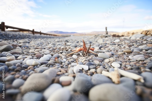 dry riverbed with exposed stones and pebbles photo