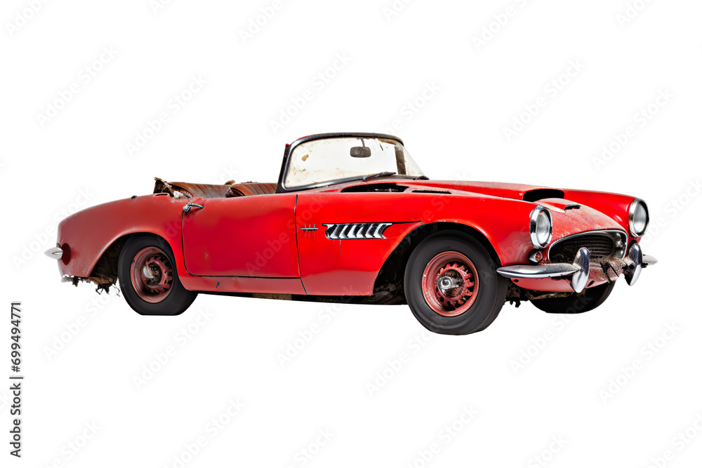 Side view of a Convertible: Bright red dents from the accident isolated on transparent background.