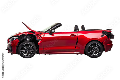 Side view of a Modern Convertible SUV: Cherry red dents from the accident isolated on transparent background.