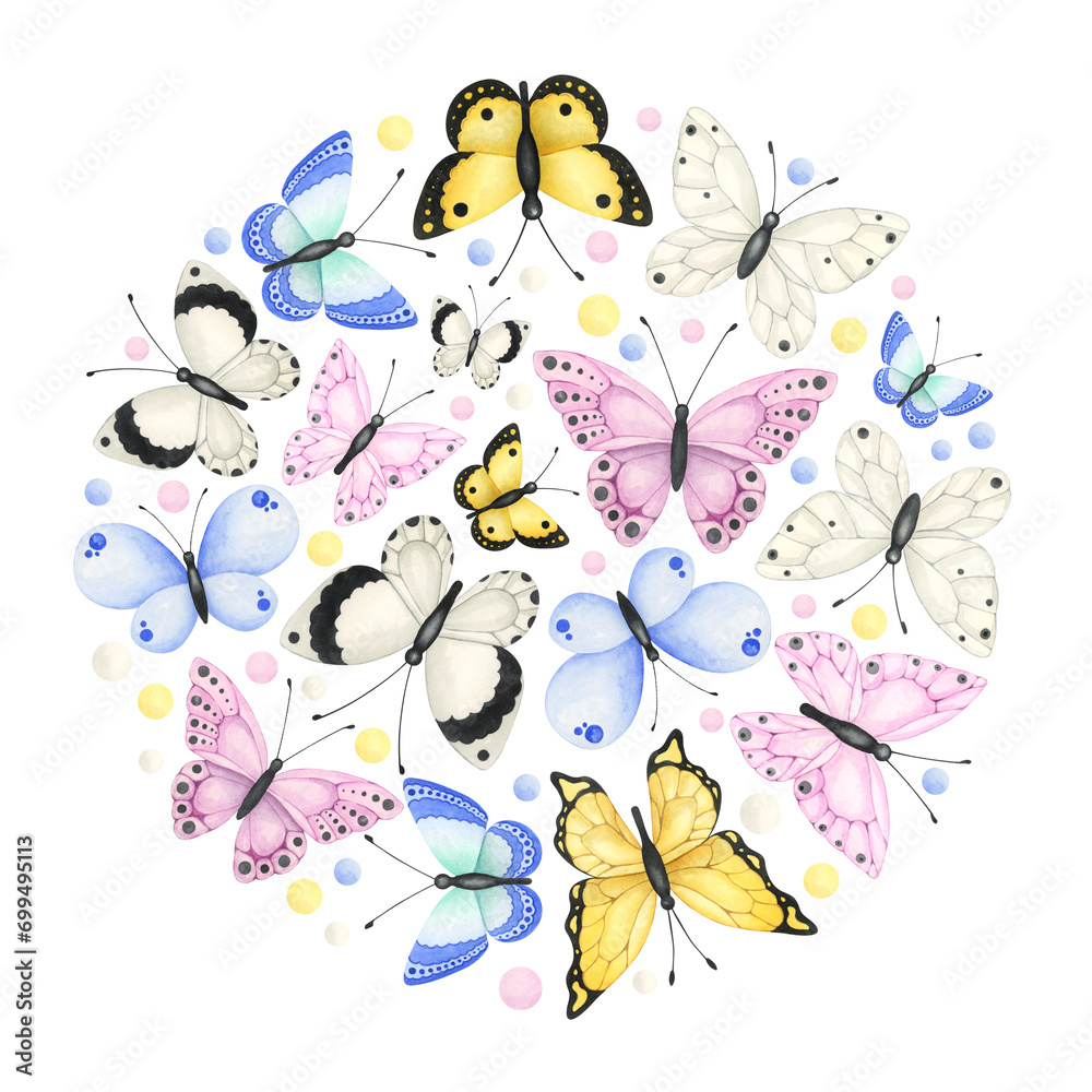 Composition of delicate round spring butterflies on a white background. Template for postcards, printing on any product.