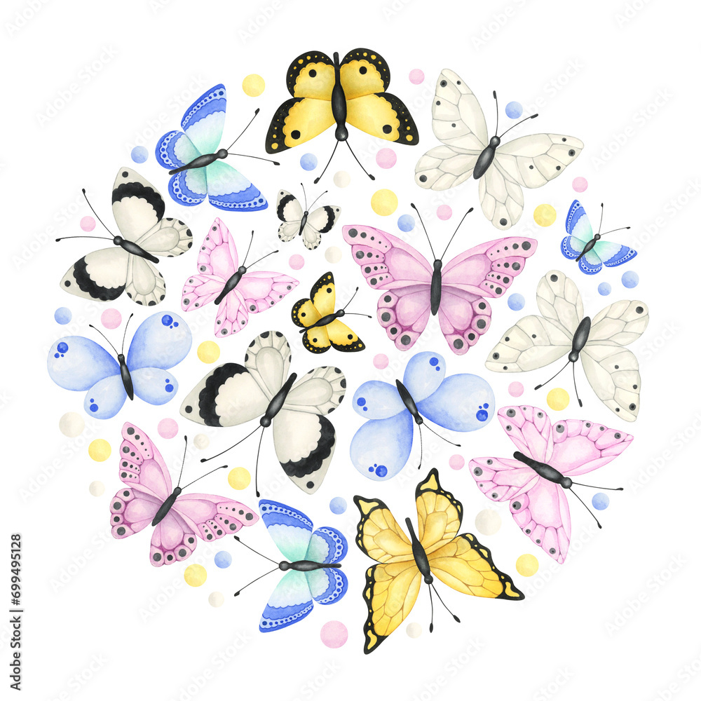 Composition of delicate round spring butterflies on a transparent background. Template for postcards, printing on any product.