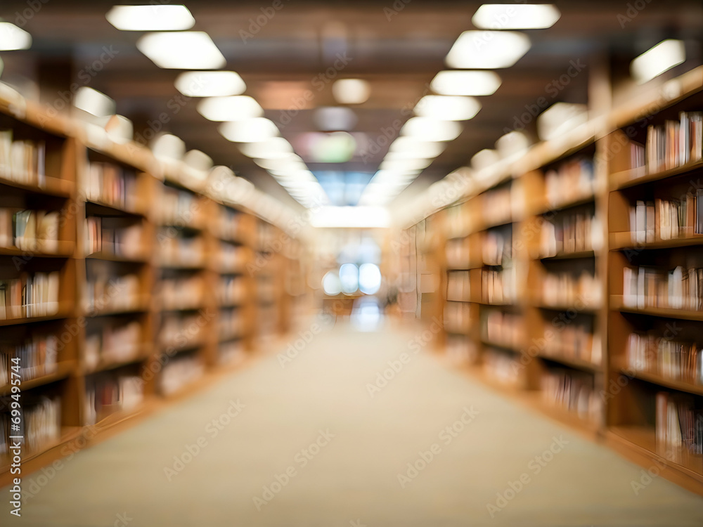 books in library with blurry background,  ai generative