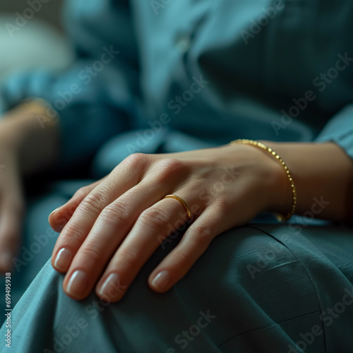 Close-up of a beautiful female hand with a perfect manicure with a ring and bracelet