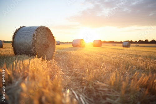 hay bales with sun descending behind photo