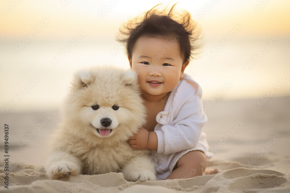 A little girl sits on the beach with a cute puppy A little girl sits on the beach with a cute puppy