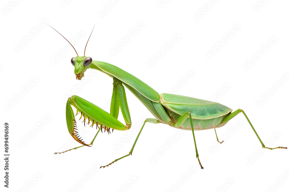 Top side closeup macro view of beautiful praying mantis isolated on white background PNG Top side closeup macro view of beautiful praying mantis isolated on white background PNG