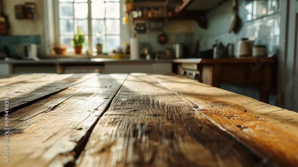 Product display setup on an empty wooden table with a kitchen background.