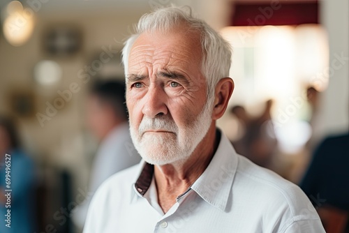 A close-up portrait of a serious and thoughtful older man reflects a range of emotions.