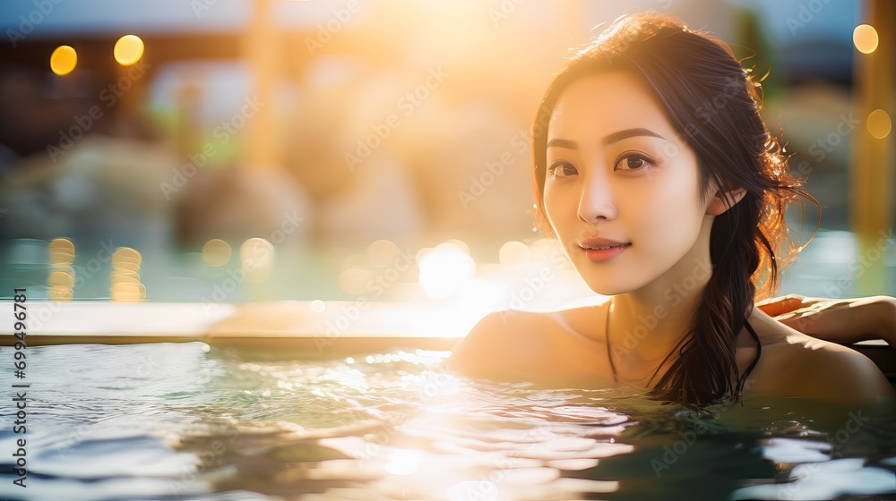 Hot springs spa resort: Portrait of a beautiful young Japanese woman relaxing in a hot tub with evening light
