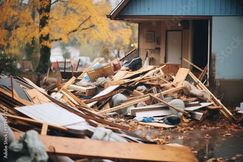 collapsed wooden home with debris scattered around
