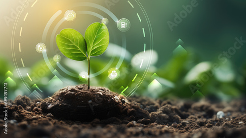 Green plant growing in soil with green nature background. Renewable, saving energy and eco concept.