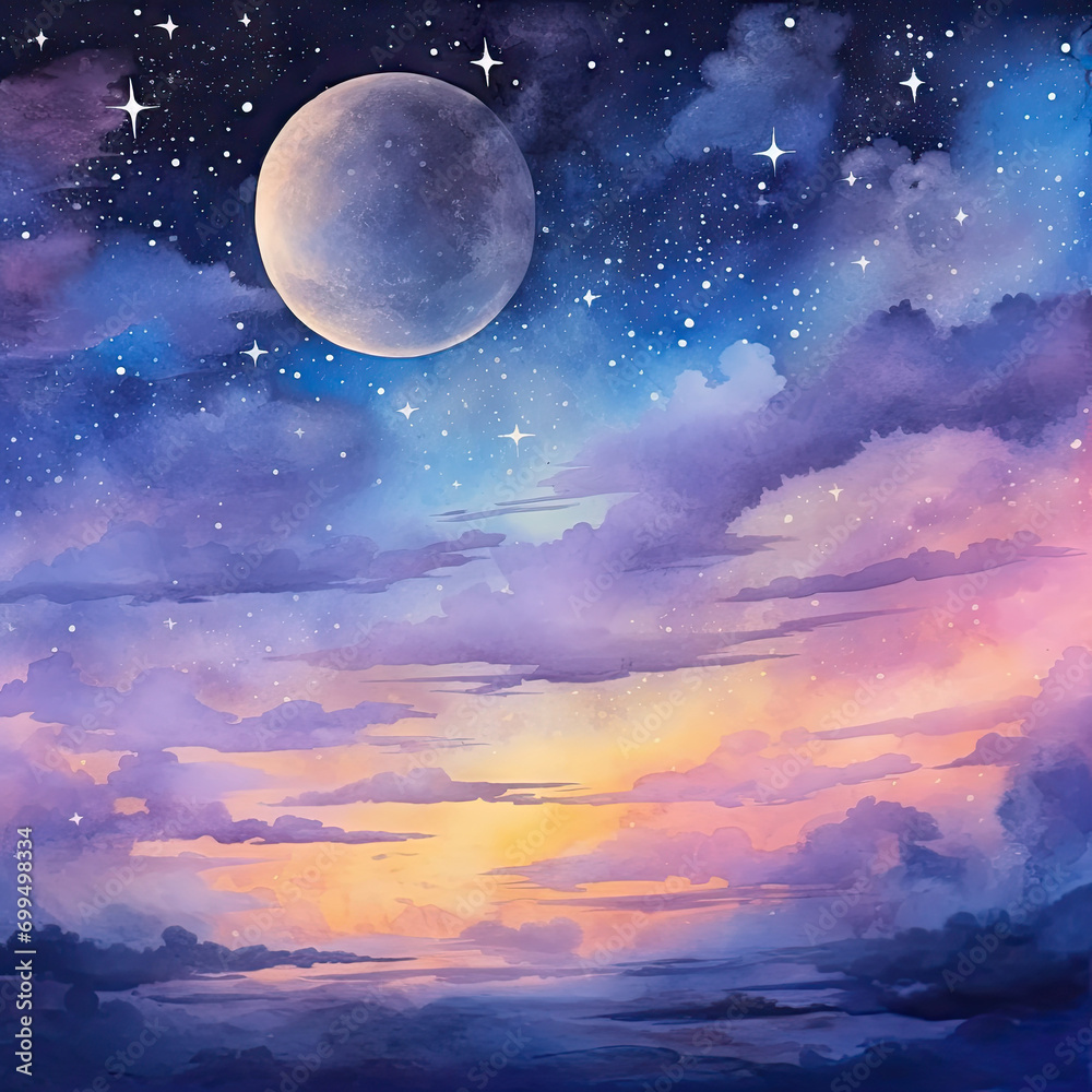 Watercolor night sky with moon and sparkling stars background