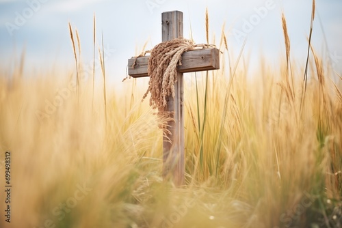 weathered cross amidst tall grass