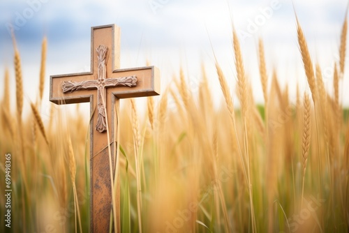 weathered cross amidst tall grass