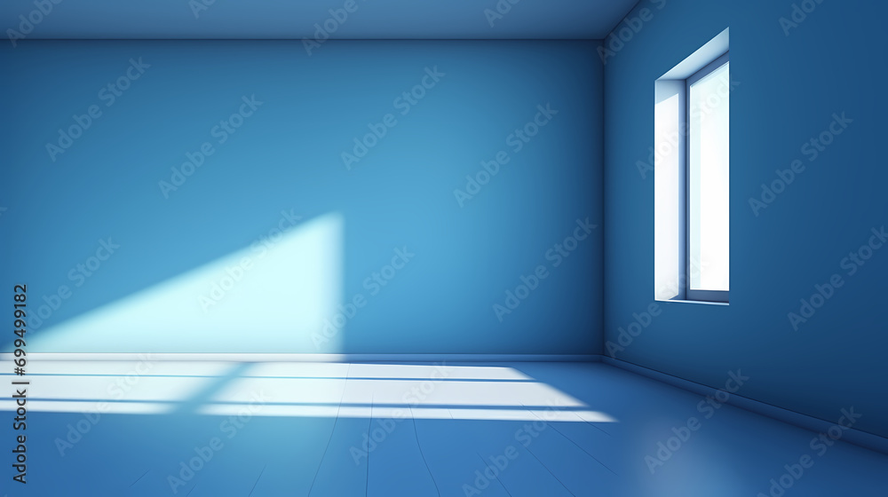 An empty blue room with a window and a shadow in the window An empty blue room with a window and a shadow in the window