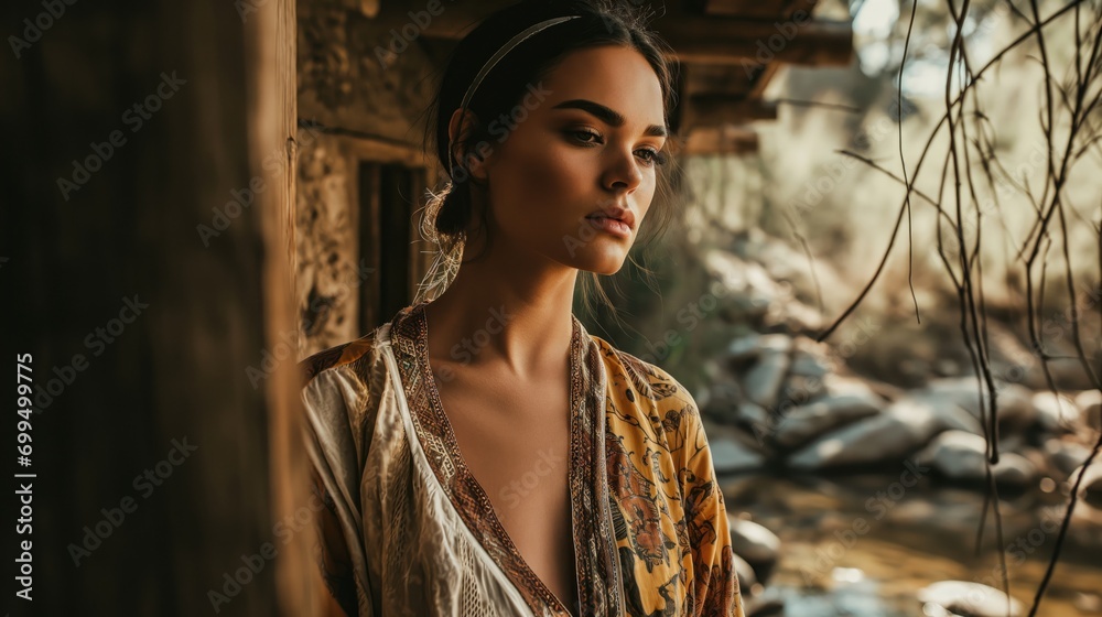 Bohemian woman in a patterned robe exudes a reflective mood in a rustic cabin, with soft light casting a warm glow on her contemplative face. Bohemian woman in a patterned robe exudes a reflective mood in a rustic cabin, with soft light casting a warm glow on her contemplative face.