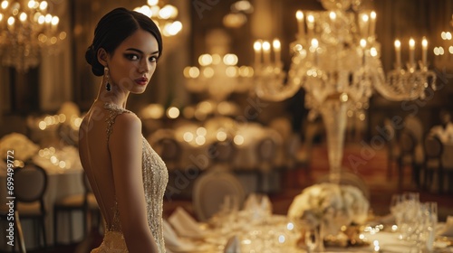 Luxurious setting with a glamorous woman in an embellished gown, her poised look complementing the opulent chandeliers and refined ambiance. photo