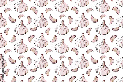Food seamless pattern with garlic Aromatic spices background for textiles, packaging, restaurant menu. Hand drawn illustration