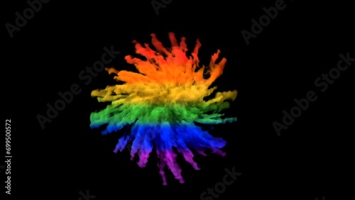 Smoke colored in rainbow vivid ink colors exploding in flag of LGBTQ community. Isolated on black background alpha channel.