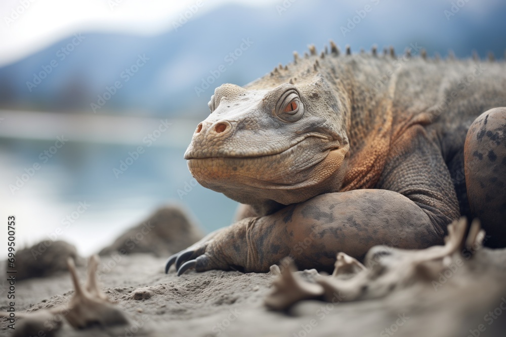 Fototapeta premium komodo dragon sunbathing on rocky terrain